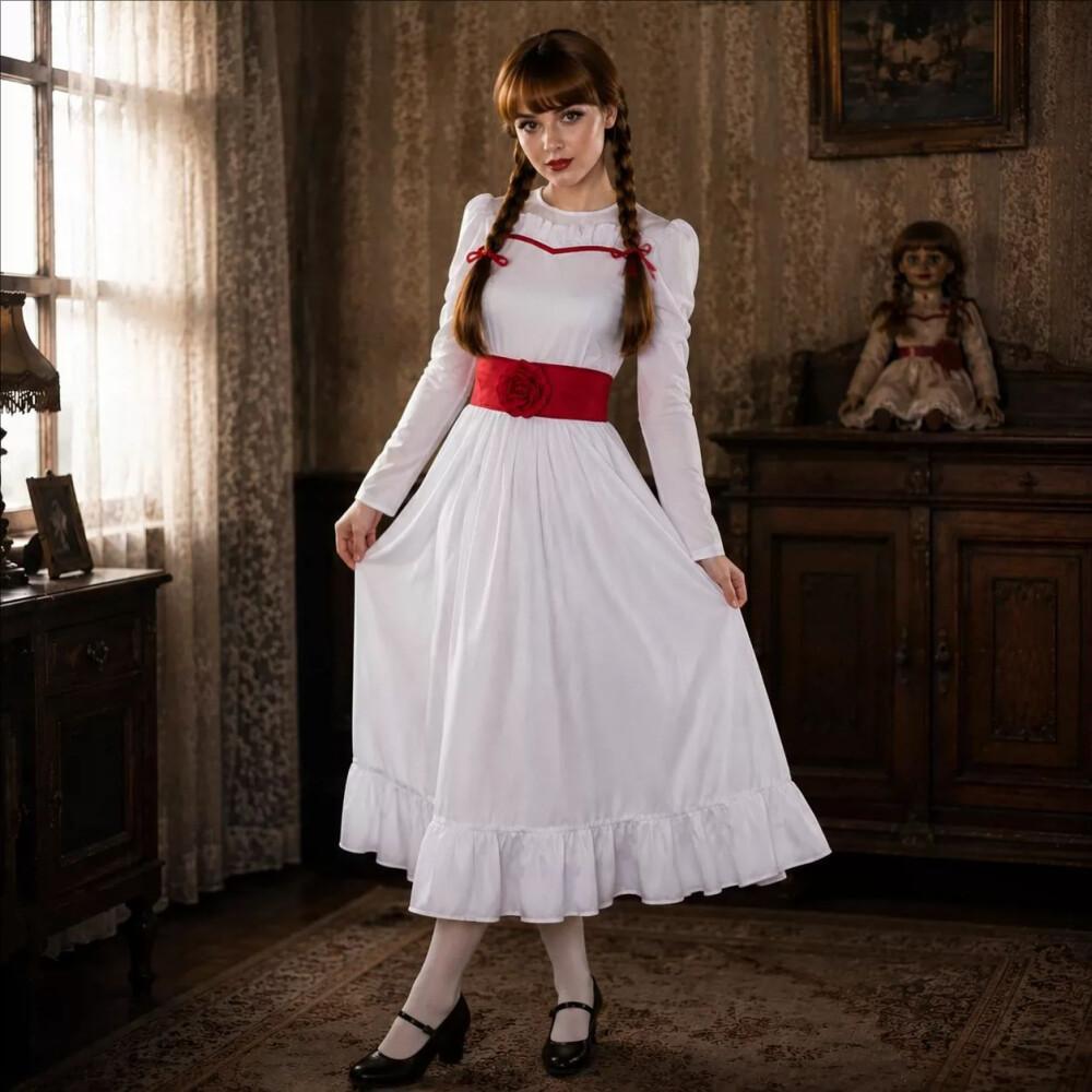Vintage Fashion Doll - ชุดคอสเพลย์ตุ๊กตาผีสุดหลอนสไตล์วินเทจสำหรับผู้หญิง พร้อมวิกผมสังเคราะห์สำหรับงานคาร์นิวัล