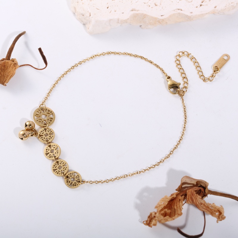 Vintage Fashion Market - สร้อยข้อเท้าสแตนเลส 1 ชิ้น พร้อมกระดิ่งเหรียญทองแดงเคลือบทอง 18K สไตล์วินเทจ