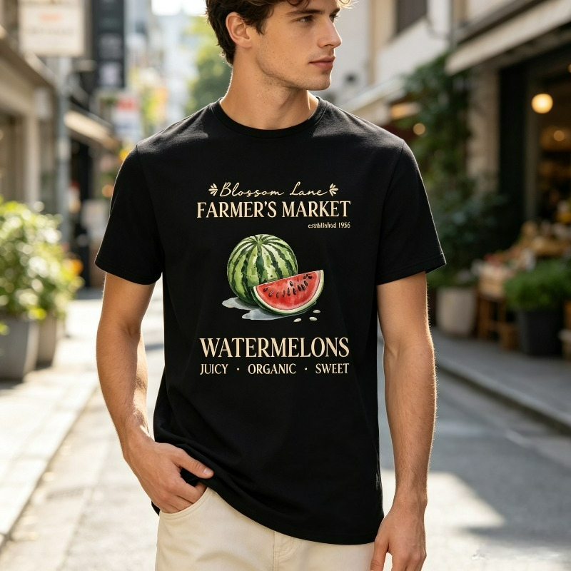 Vintage Fashion Market - เสื้อยืดลายตลาดแตงโมสำหรับผู้ชาย ลายตลาดผลไม้สไตล์วินเทจ เสื้อยืดแขนสั้นลำลองแนวสตรีท