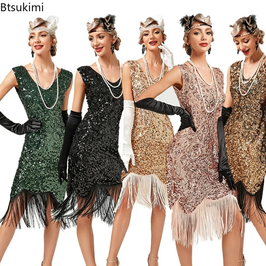 V Vintage Fashion - ชุดเดรสแฟชั่นวินเทจสไตล์ฟลาปเปอร์ยุค 1920 สำหรับผู้หญิง ประดับเลื่อมและพู่ แขนกุด คอวี