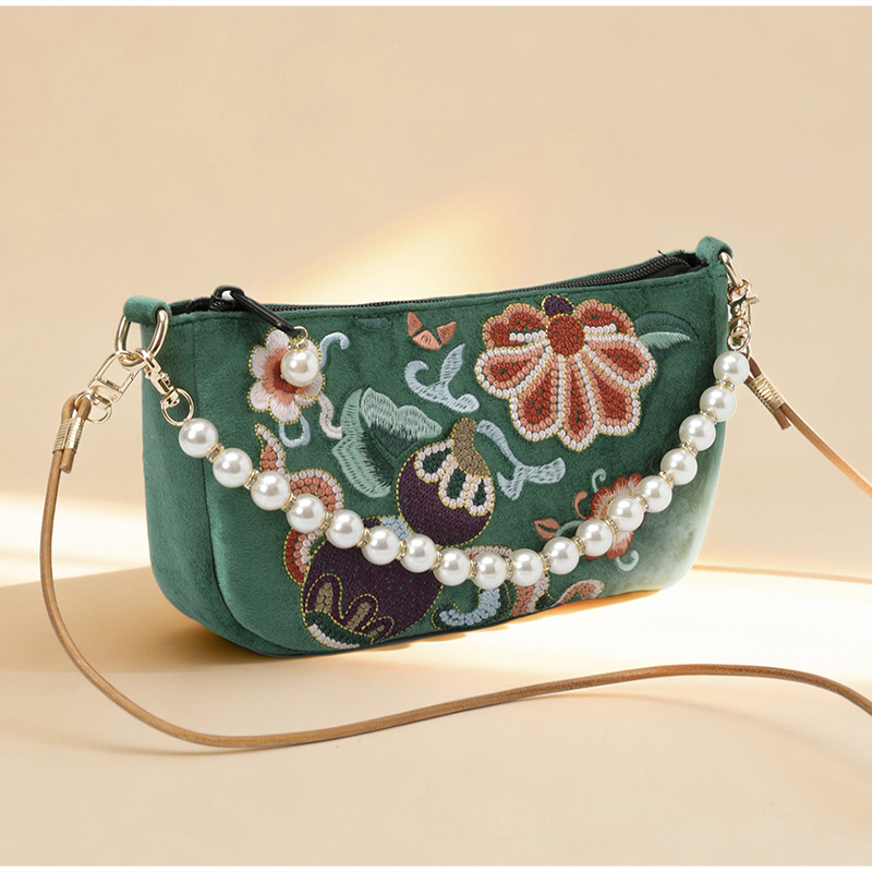 Vintage Fashion In Chinese - กระเป๋าสะพายข้างปักลายดอกไม้สไตล์จีน กระเป๋าสะพายสำหรับผู้หญิง กระเป๋าถือหูมุก กระเป๋าสไตล์วินเทจแบบชาติพันธุ์ เข้าชุดกับชุดฮั่นฝู