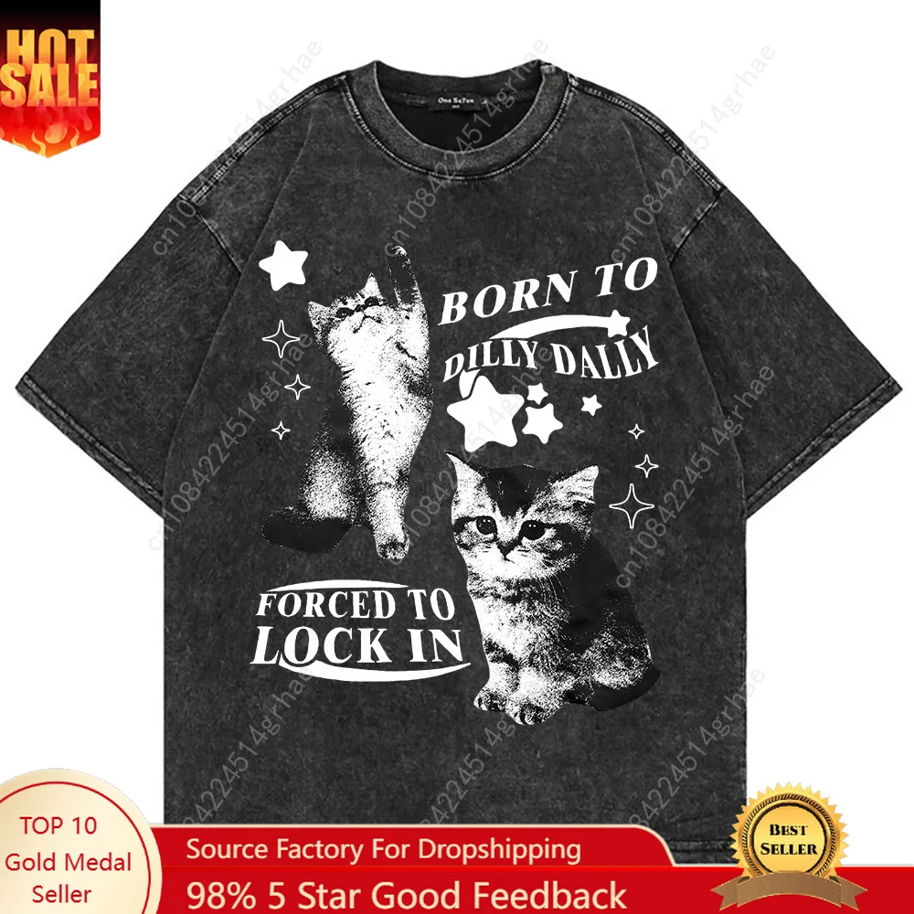 V Vintage Fashion - เสื้อยืดลายแมวตลกสไตล์วินเทจ Y2K ผ้าฝ้าย 100% ทรงโอเวอร์ไซส์ ล้างสีแบบแอซิดวอช