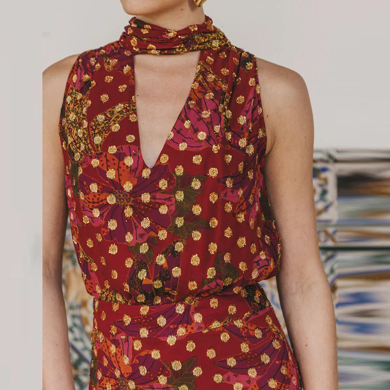 V Vintage Fashion - ชุดราตรีคอวีเอวสูงสุดหรูหรา สไตล์โบฮีเมียน เสื้อเปิดไหล่แขนกุด+กระโปรง ชุด 2 ชิ้น