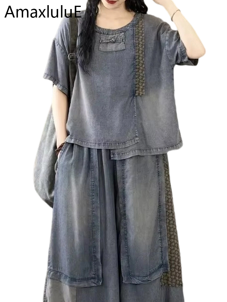 Vintage Fashion In Chinese - Amax LuluE 2024 แฟชั่นจีนคลาสสิก 2 ชิ้นชุดผู้หญิงฤดูร้อนชุดลําลองOคอVINTAGEเสื้อหลวมกางเกงยีนส์กางเกงขากว้าง