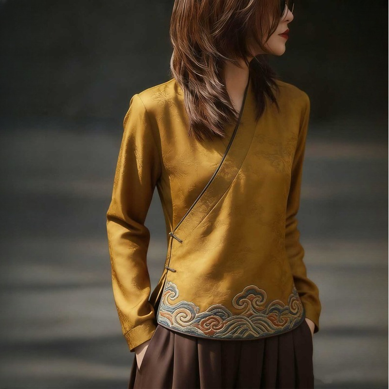 Vintage Fashion In Chinese - เสื้อผู้หญิงสไตล์จีนพิมพ์ลายวินเทจแฟชั่นหลวมพอดีเสื้อผ้าฤดูใบไม้ผลิ/ฤดูร้อนแขนยาวคอวีผู้หญิงเสื้อ