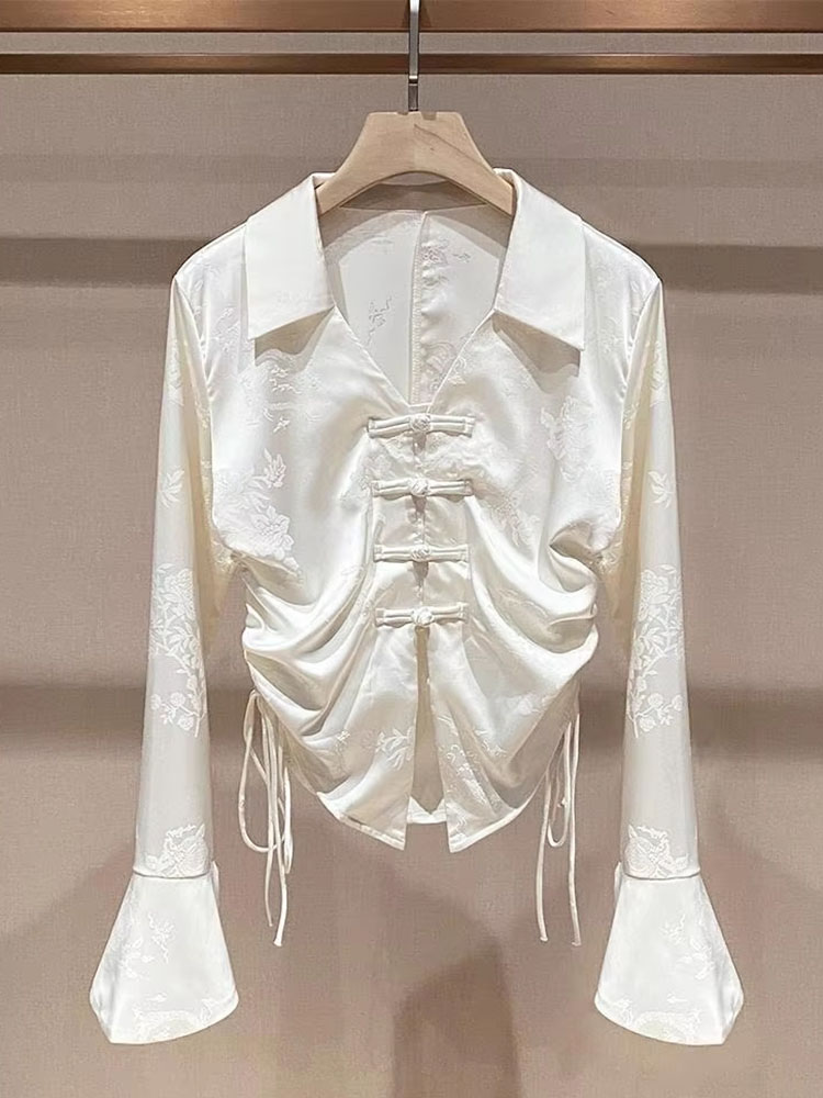 Vintage Fashion Drawings - เสื้อเบลาส์วินเทจแฟชั่น แขนบาน คอวี ลายแจ็คการ์ด พร้อมเชือกรูด เสื้อสไตล์จีน