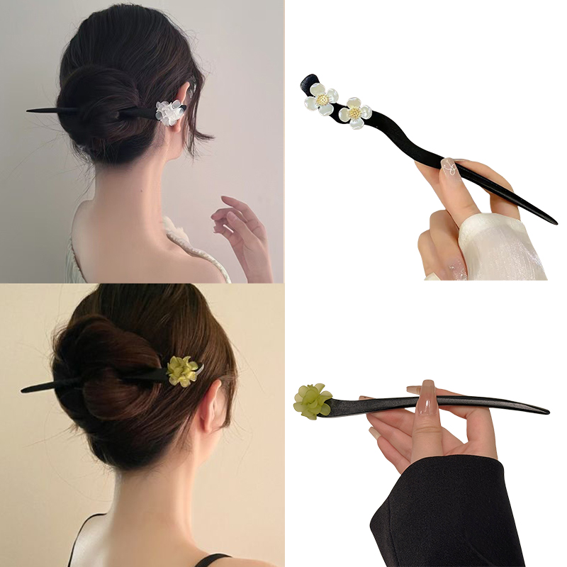 Vintage Fashion In Chinese - วินเทจสไตล์จีนไม้ดอกไม้ผม Sticks Pearl Hairpin เครื่องประดับสําหรับผู้หญิงอารมณ์อุปกรณ์เสริมผมจัดแต่งทรงผม Gif