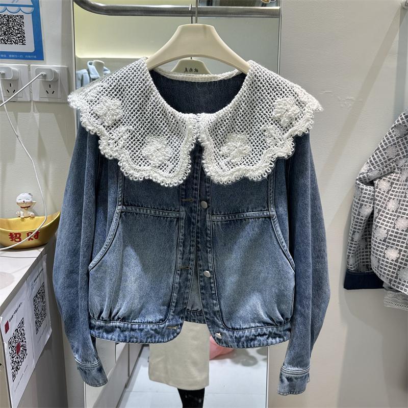 Vintage Fashion Doll - ผู้หญิงฤดูใบไม้ผลิฤดูใบไม้ร่วงใหม่สไตล์เกาหลี DENIM แจ็คเก็ตตุ๊กตาลูกไม้ Patchwork แฟชั่นเสื้อแจ็คเก็ตสั้นด้านบน