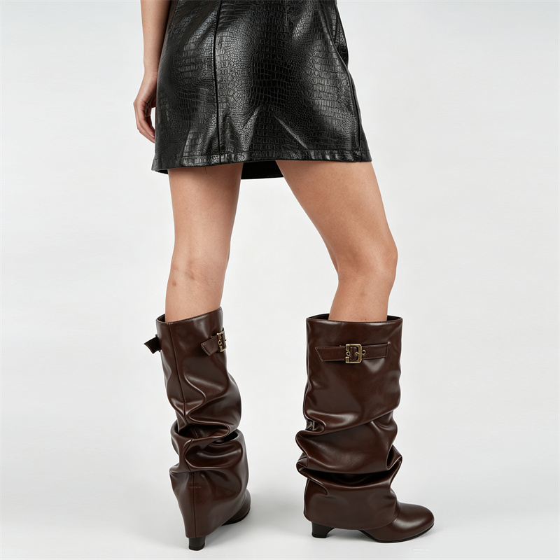 รองเท้าบูทหุ้มเข่าทรงหลวม หนัง - Vintage And Modern Fashion บทวิจารณ์และราคา