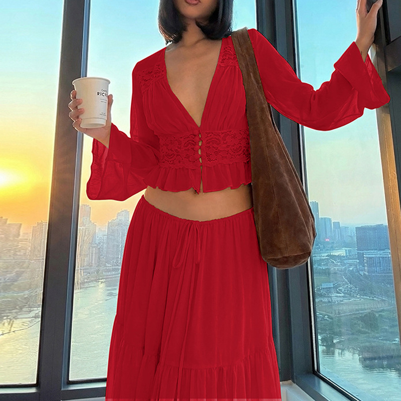 ชุดกระโปรงยาวพลีททรงหลวมสีพื้น - V Vintage Fashion บทวิจารณ์และราคา